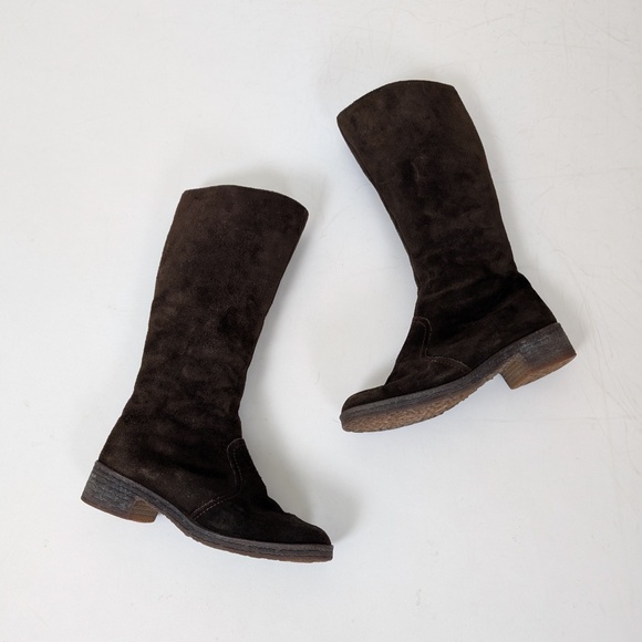 Vintage Shoes - 70’s Shearling Suede Boots Calf Height Fitted Vintage Chunky Lined Insulated